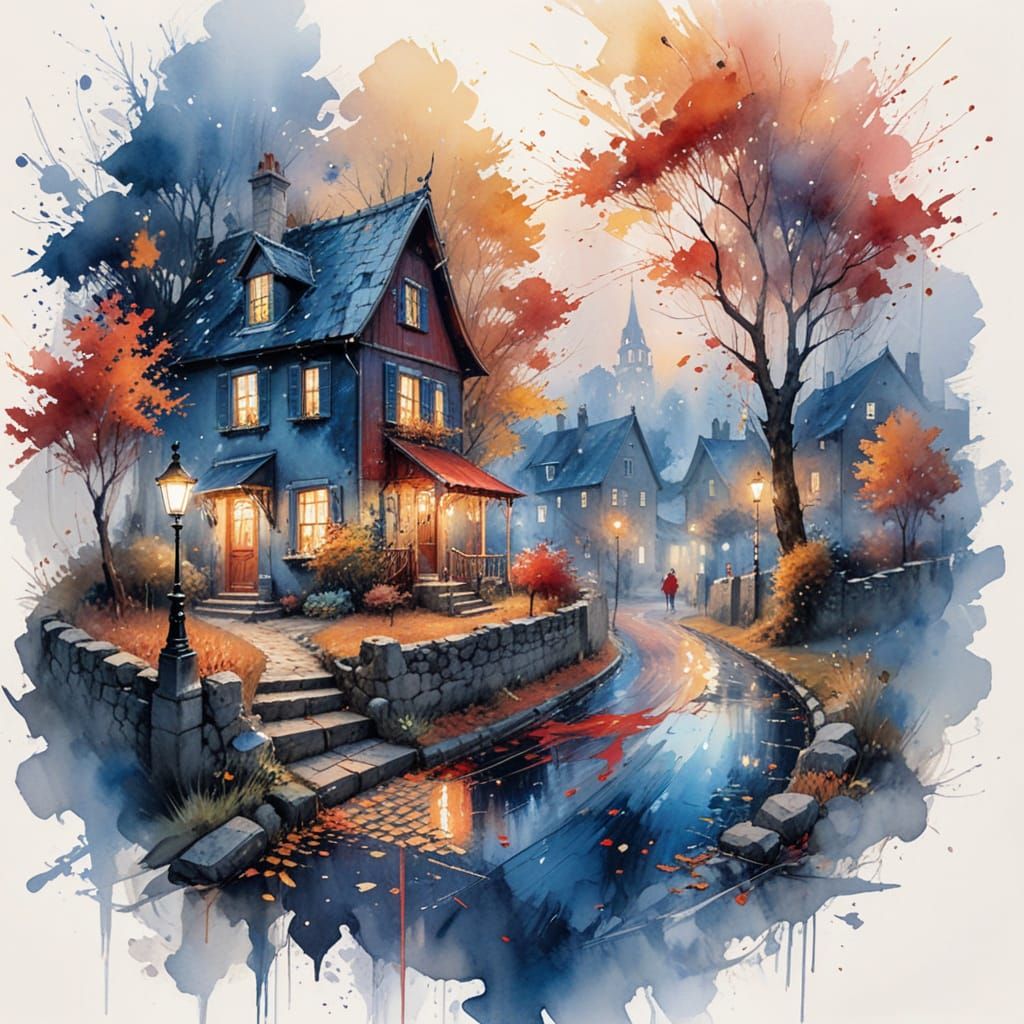 a charming autumnal village scene, with a winding cobblestone path leading through radiant trees of red, ...  by @Kosh
