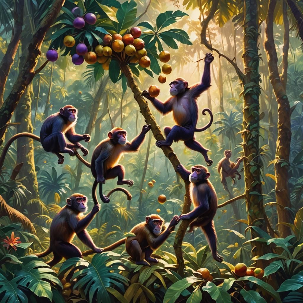 Monkeys Throwing Coconuts from Trees: Matte Painting