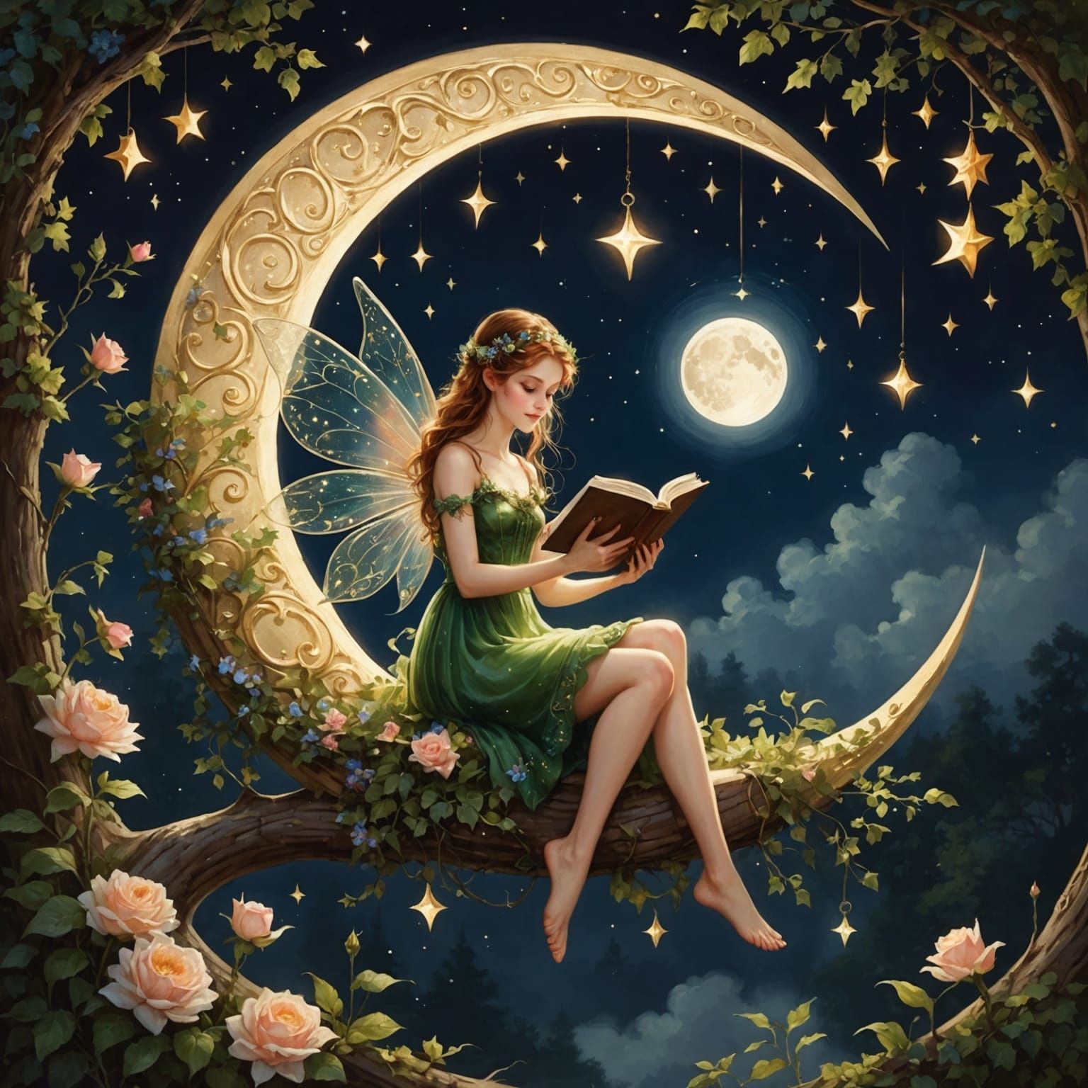 A beautiful painting  of a fairy, sitting in the crescent moon, reading a book, sparkling, masterpiece, ...  by @Al_in_Tanzania