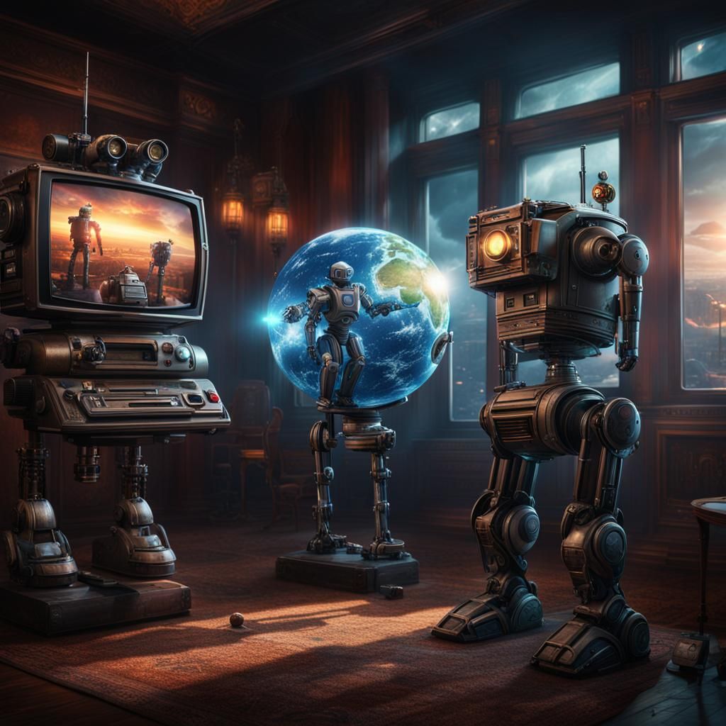 A glass globe containing A robot watching another robot on t...