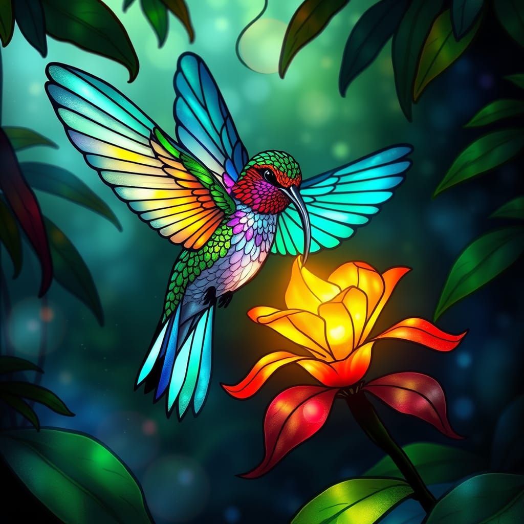 Bioluminescent Hummingbird in a Mystical Jungle Clearing