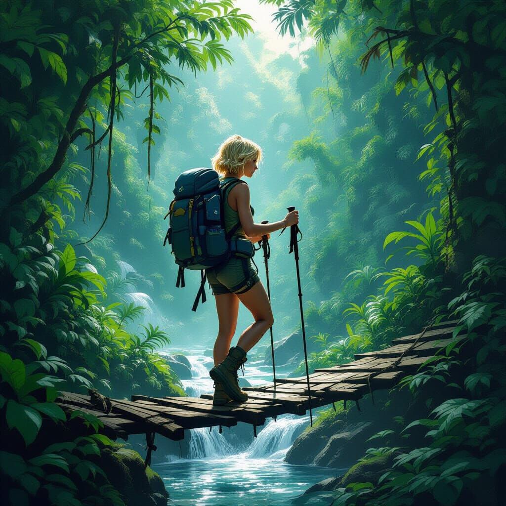 In the midst of a verdant tropical rainforest, a beautiful 30 year old adventurer with short blonde hair carefully treads over a rickety woo...