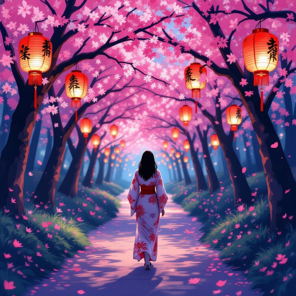 a lone female traveler walking through a forest of cherry blossom trees at night, surrounded by red traditional ...  by @LunaFrail
