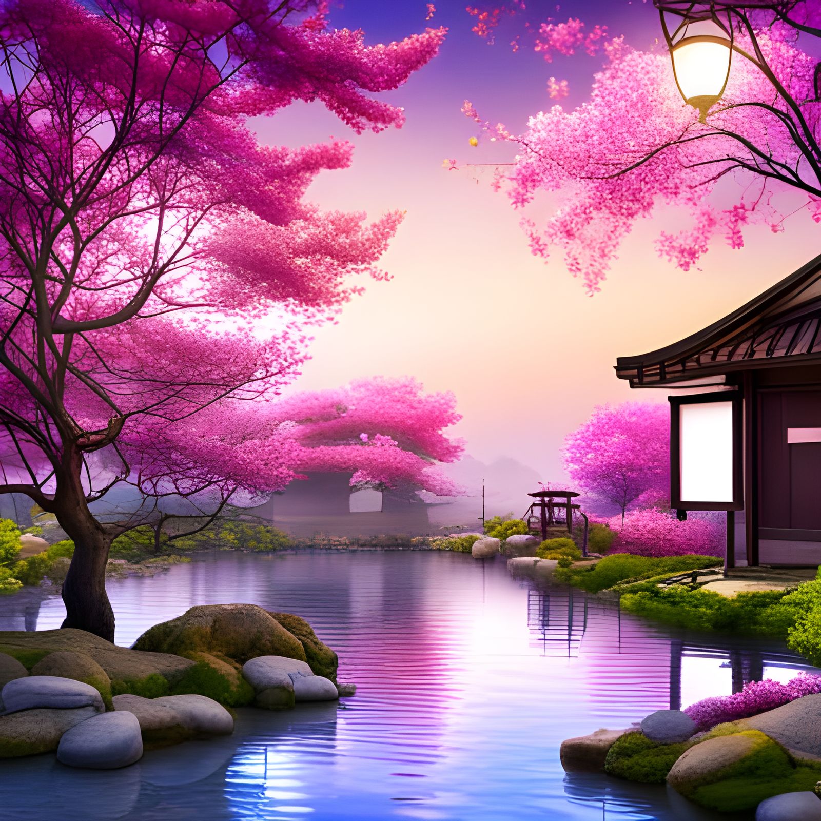 Beautiful Japanese garden with cherry blossom trees  by @Kim