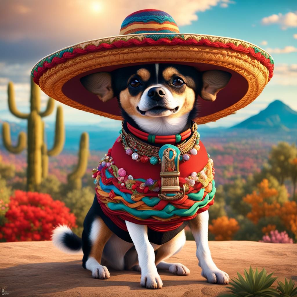 Chiwawa dog , In traditional central Mexico clothing, Sombre...