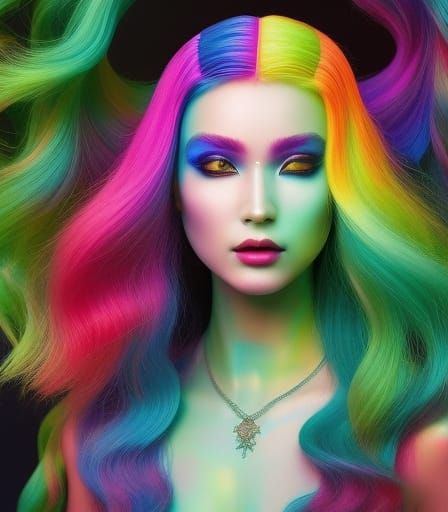 Rainbow Haired Gypsy Girl in Gouache Painting Style