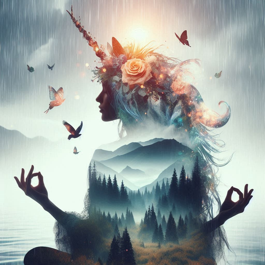 double exposure beautiful fantasy DALL-E 3 portrait landscape..