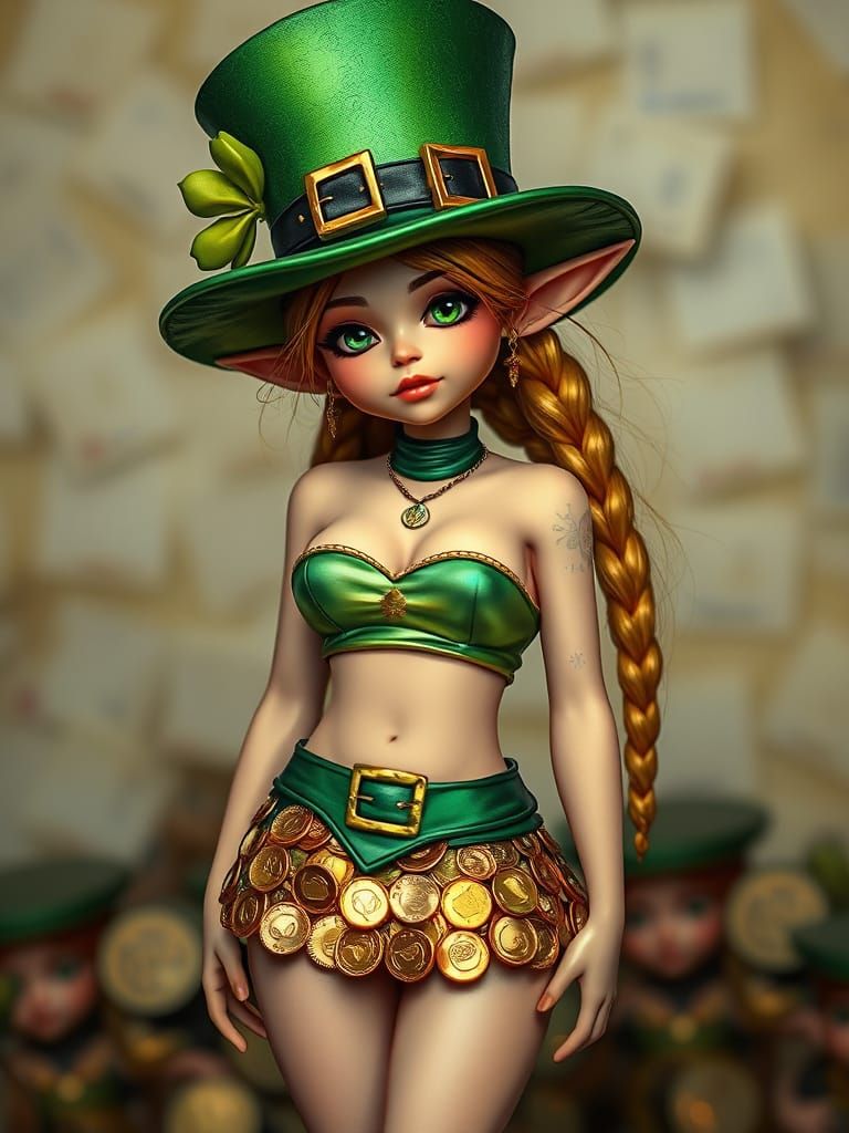 small leprechaun woman happily bouncing in her coin room