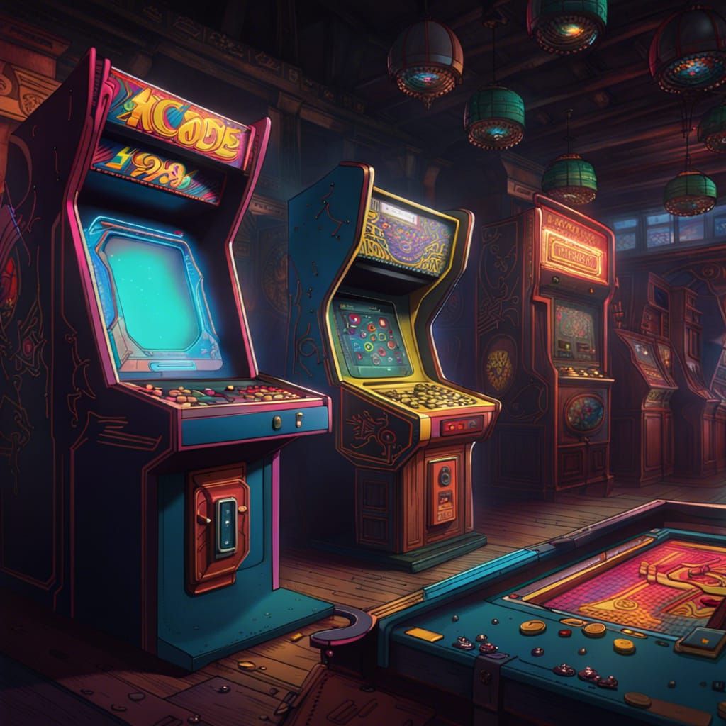 nous somme en 1980, une salle avec des Machine de jeu d'arcade vidéo à pièces de monnaie. avec les couleurs des année 80