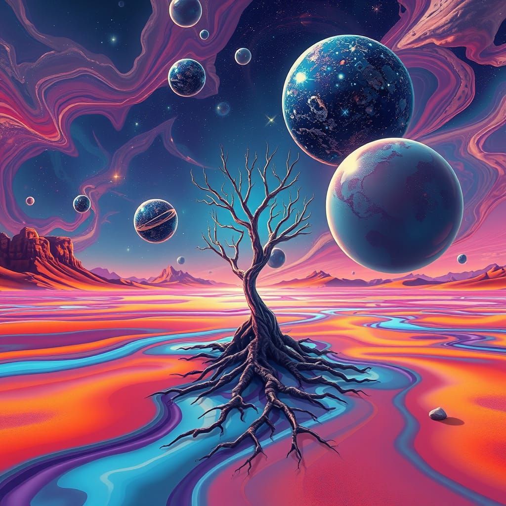 A dreamlike landscape — a desert of flowing liquid glass, enormous floating spheres reflecting galaxies, ...  by @Edwando