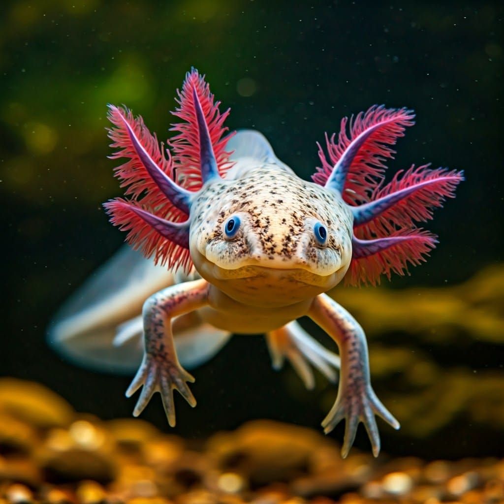 Amazing intricate detailed portrait of a gorgeous axolotl swimming and smiling for the camera! Colorful, ...  by @Art of Art