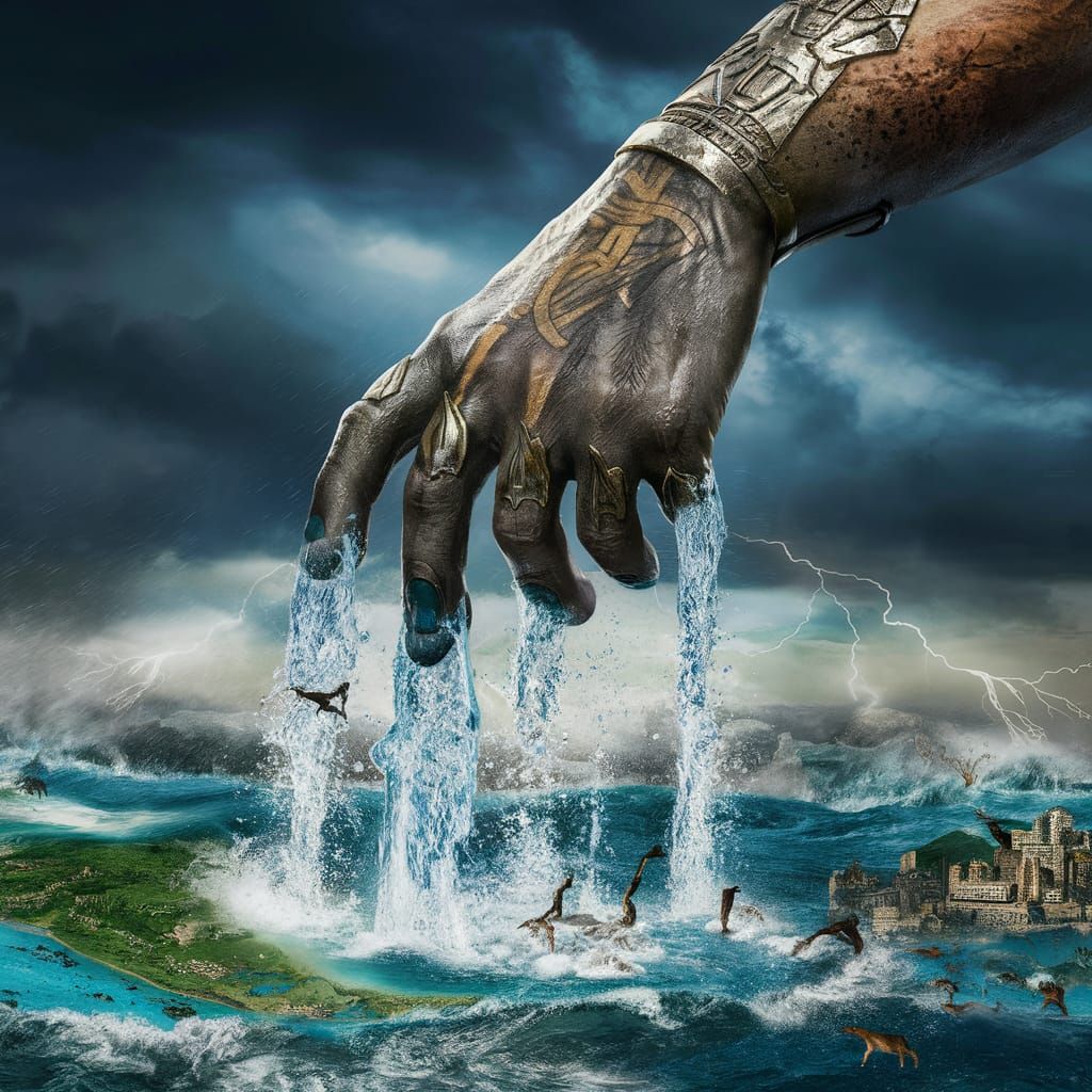 A giant hand pouring water on planet Earth  by @Eto Demerzel