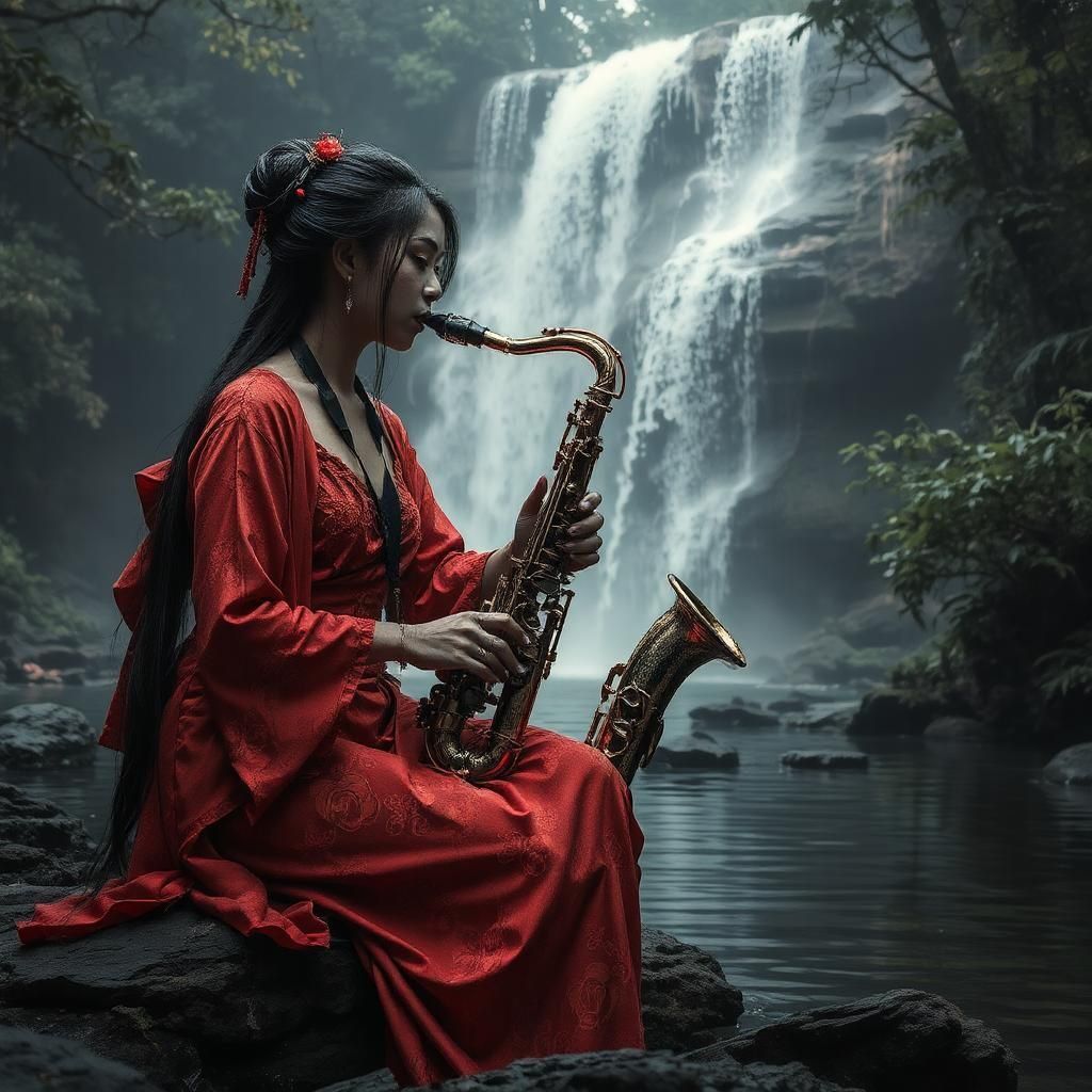 MIXED RACE JAPANESE KAMIKAZE SAMURAI SAXOPHONIST WITH BRAIDE...