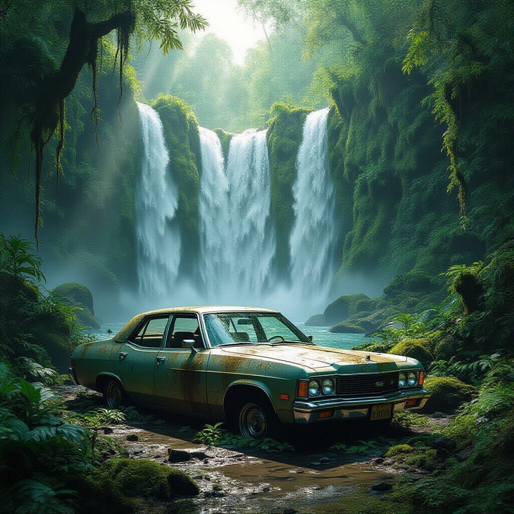 Abandoned 1970s Car in Jungle Waterfall