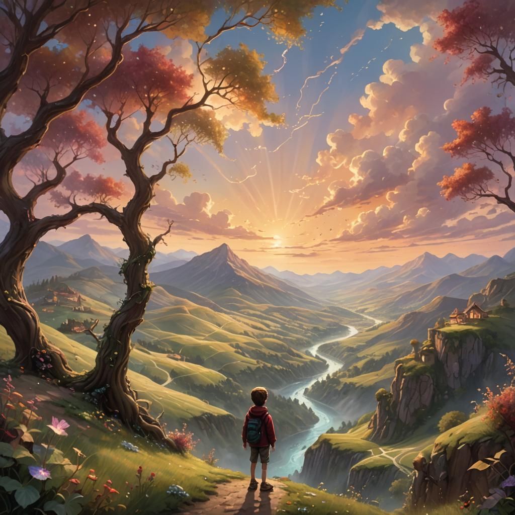 Perfect Boy Standing Alone in a Clear Mountain Landscape