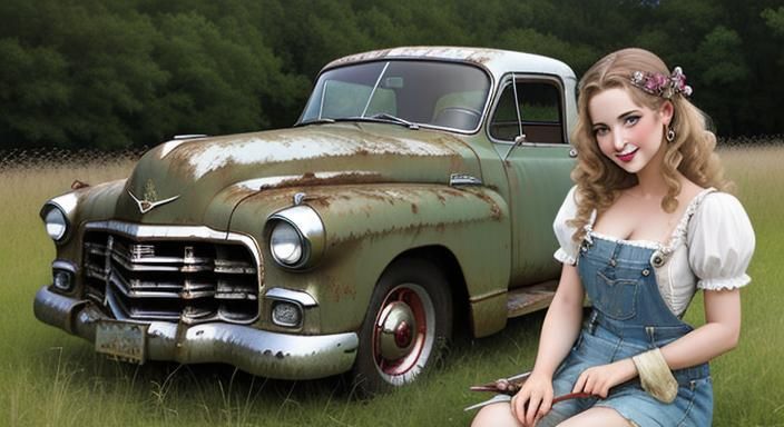 Rusty truck in a field with pretty girl