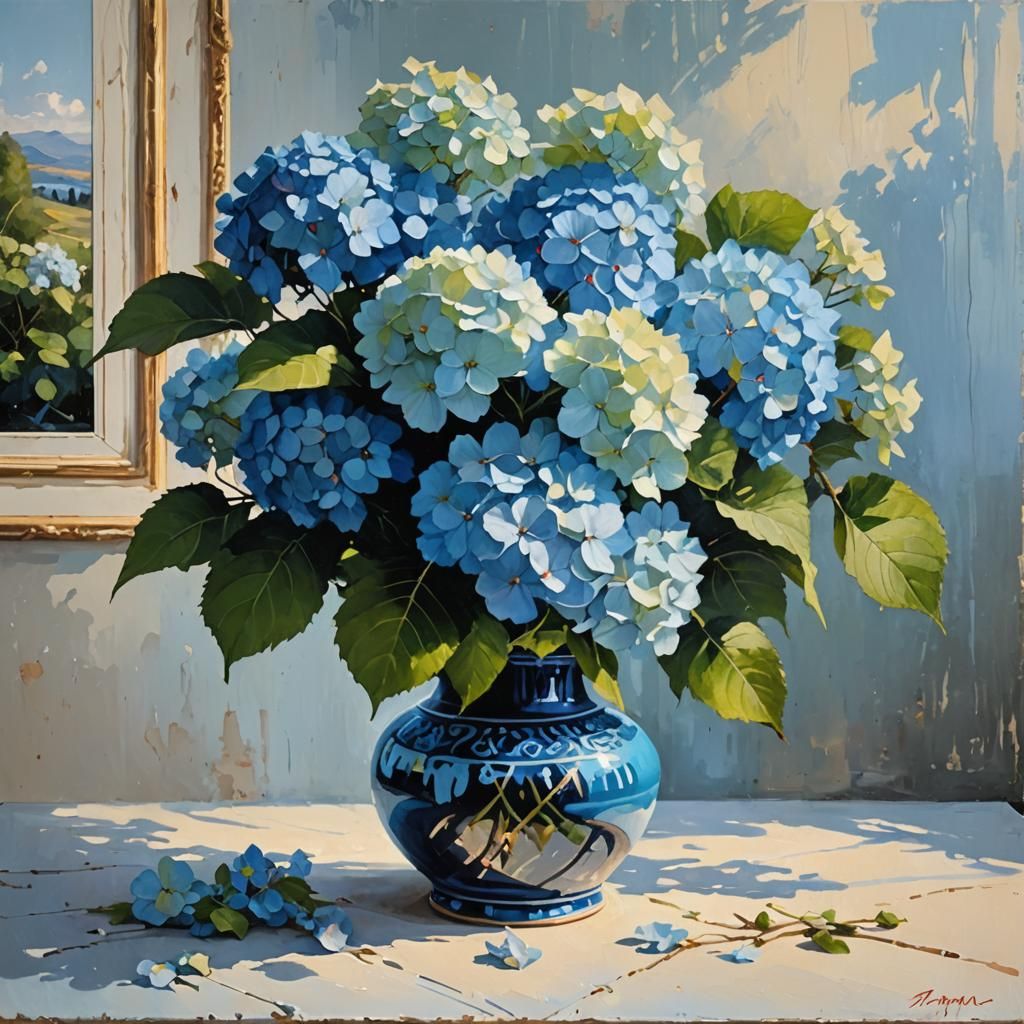 Acrylic painting of blooming blue Hydrangea