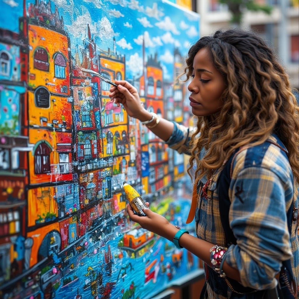 <lora:MJ6 EverydayFlux:1.0> A person of mixed race painting a vibrant cityscape on a large canvas, canon lens, shot on dslr, 64 megapixels,...