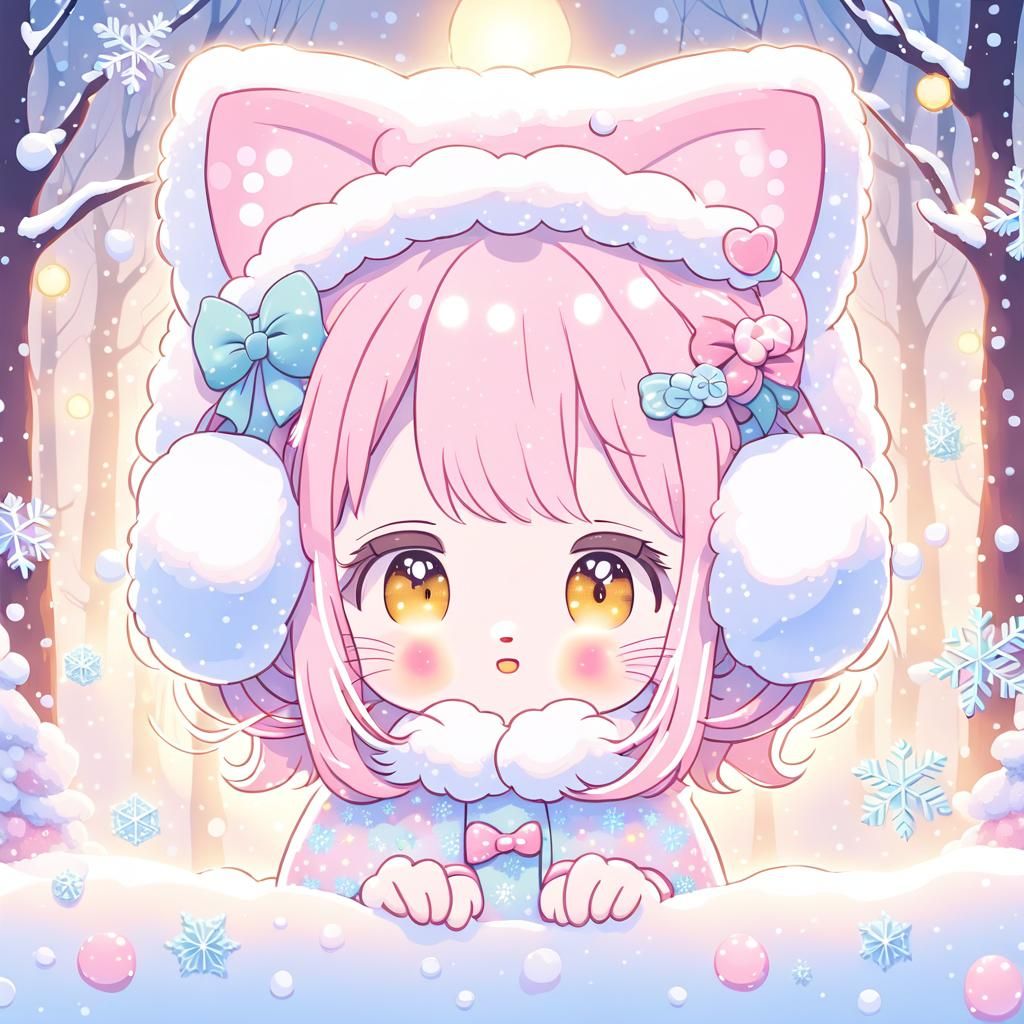Hello Kitty in Snowy Forest: Kawaii Illustration