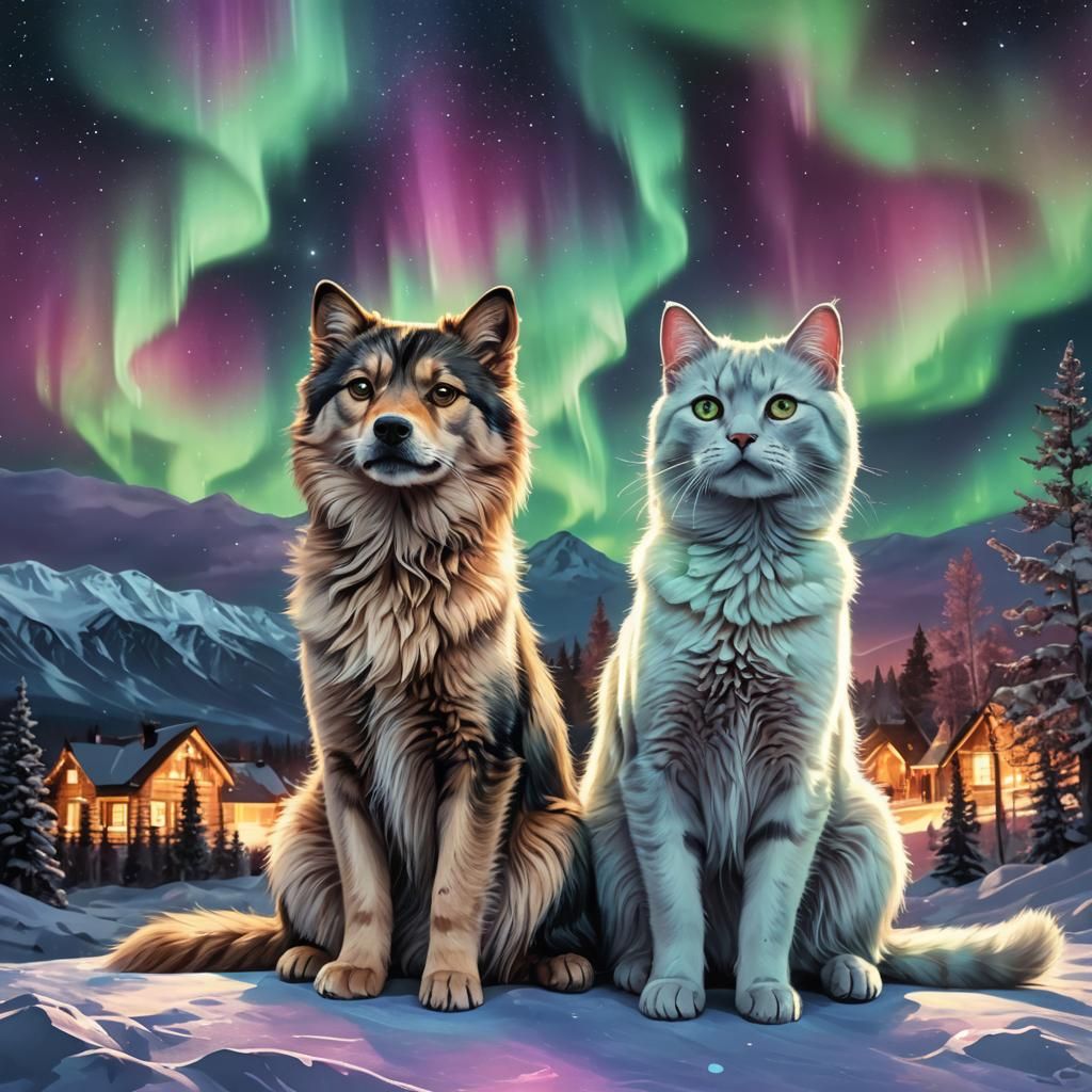 Cute dog and cat sitting next to each other with northern li...