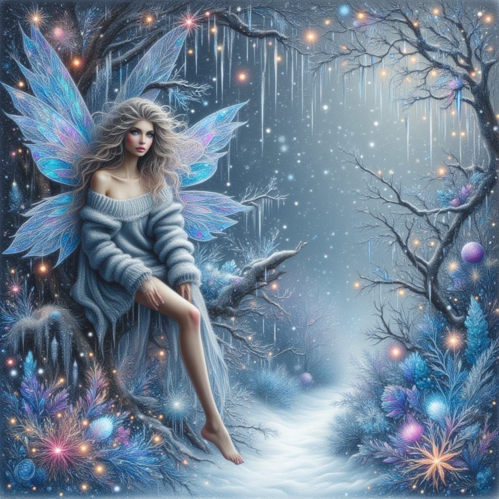 <lora:kkd-WinterFairy:1.0>Winter modern fairy in a magical, colorful winter scene