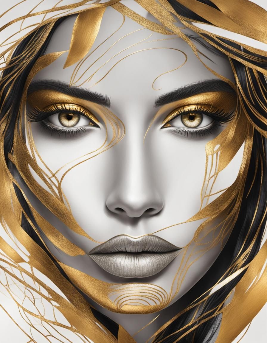 3 images (3/3): portrait close-up in gold and copper colors.