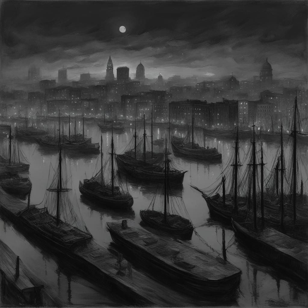 Baltimore Inner Harbor at night in the time of Poe 