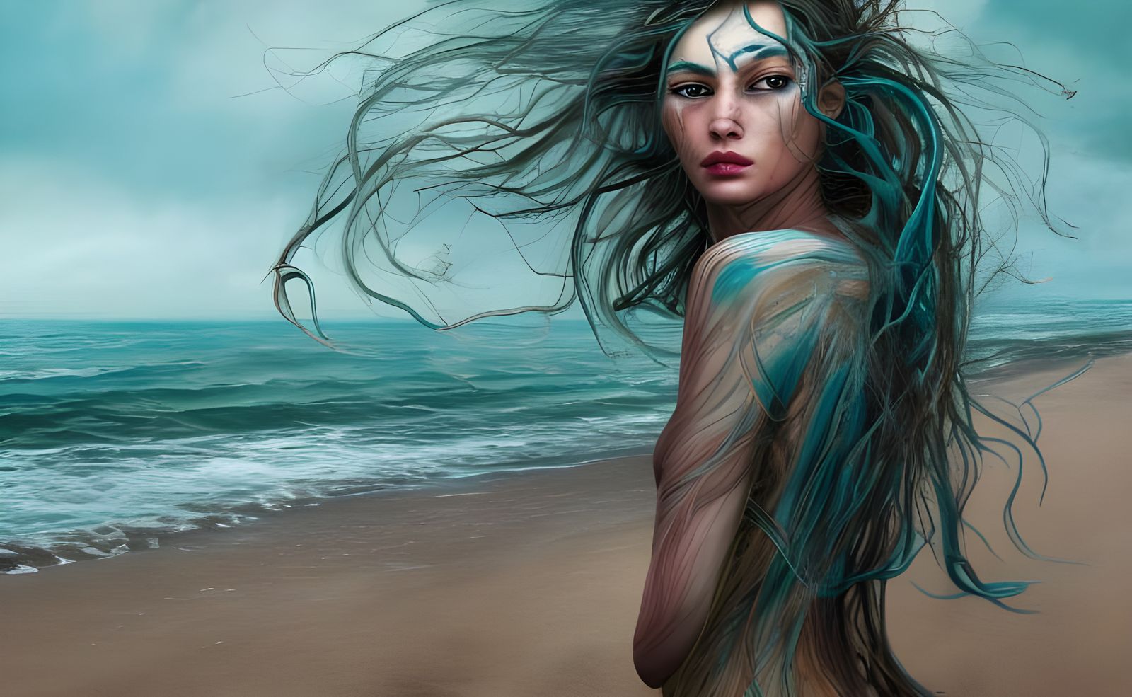 Exotic Figure on Ocean Beach in Action Painting Style