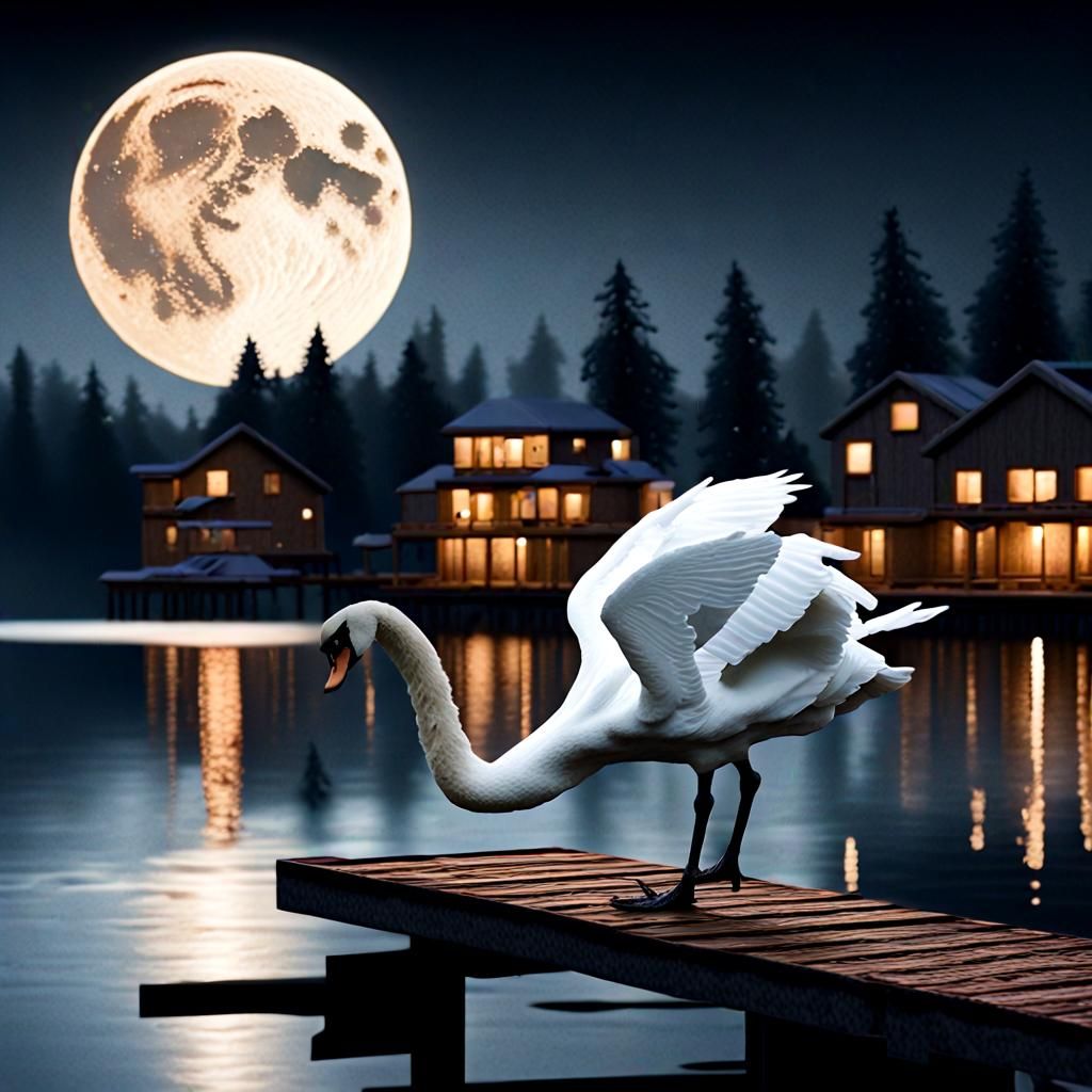 Dark watercolor drawing, swan on the lake at night, wooden p...