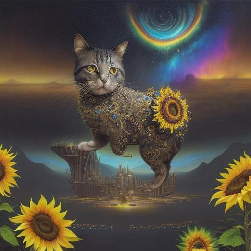 Starry Electric Sunflowers Cat Rainbow surrealism Salvador Dali matte ...