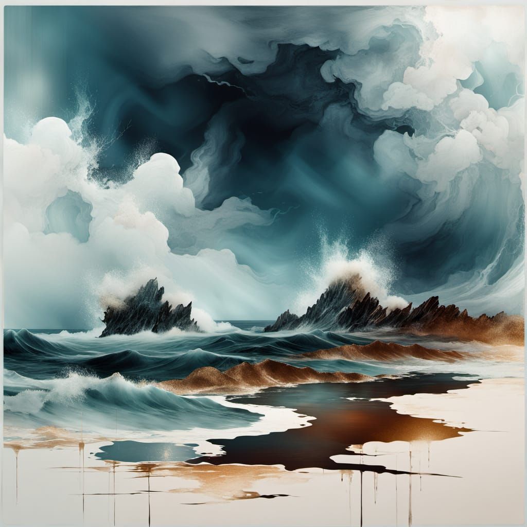 Surreal Stormy Sea Collage in Vibrant Metallic Colors