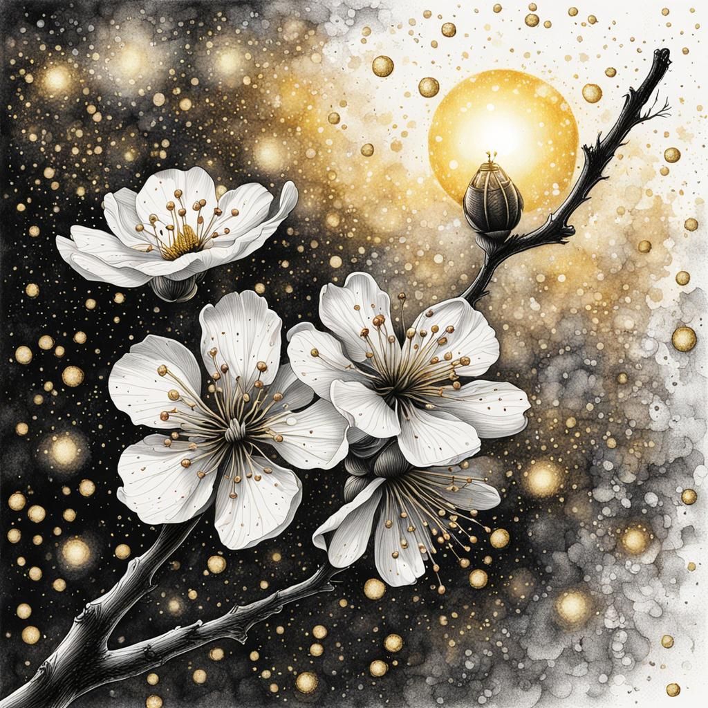 Intricate Ink Drawing of Cherry Blossom with Fireflies
