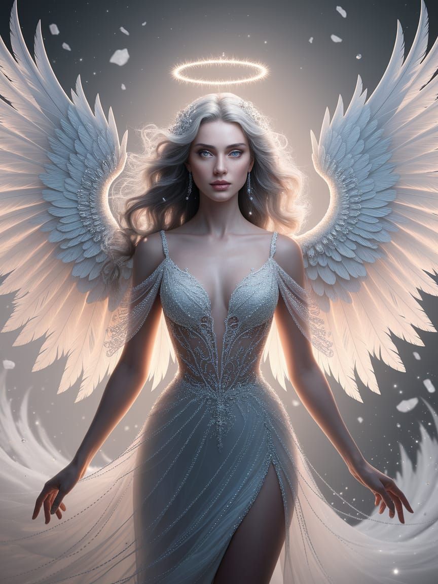 Ethereal White Angel Portrait with Luminous Eyes and Feather...