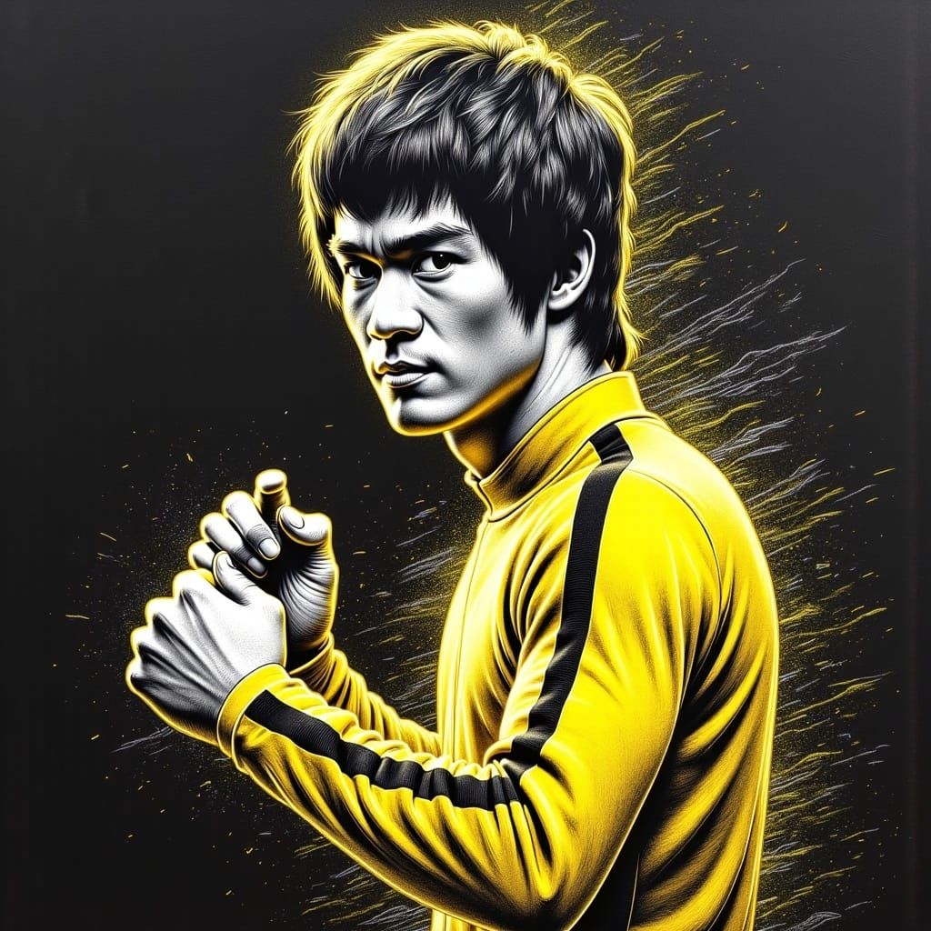<lora:Chalkify:1.0> Bruce Lee in his yellow track suit. Chalk on black paper, powder effect