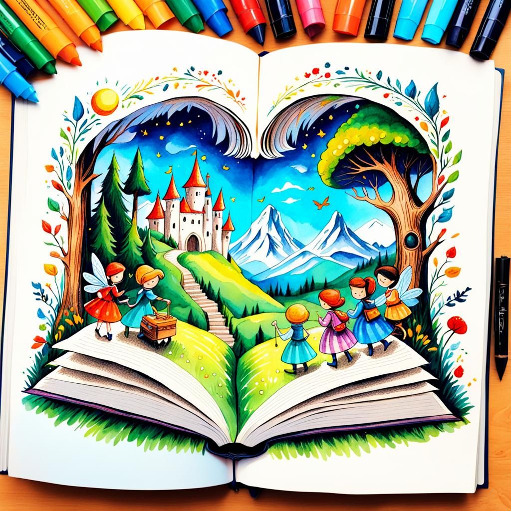 a fabulous plot, an open book, above it the characters of th...