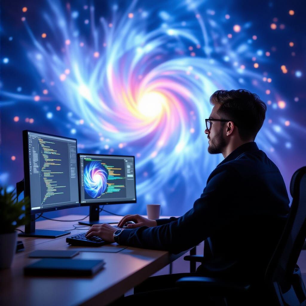 Young Man Interacts With Digital Creation