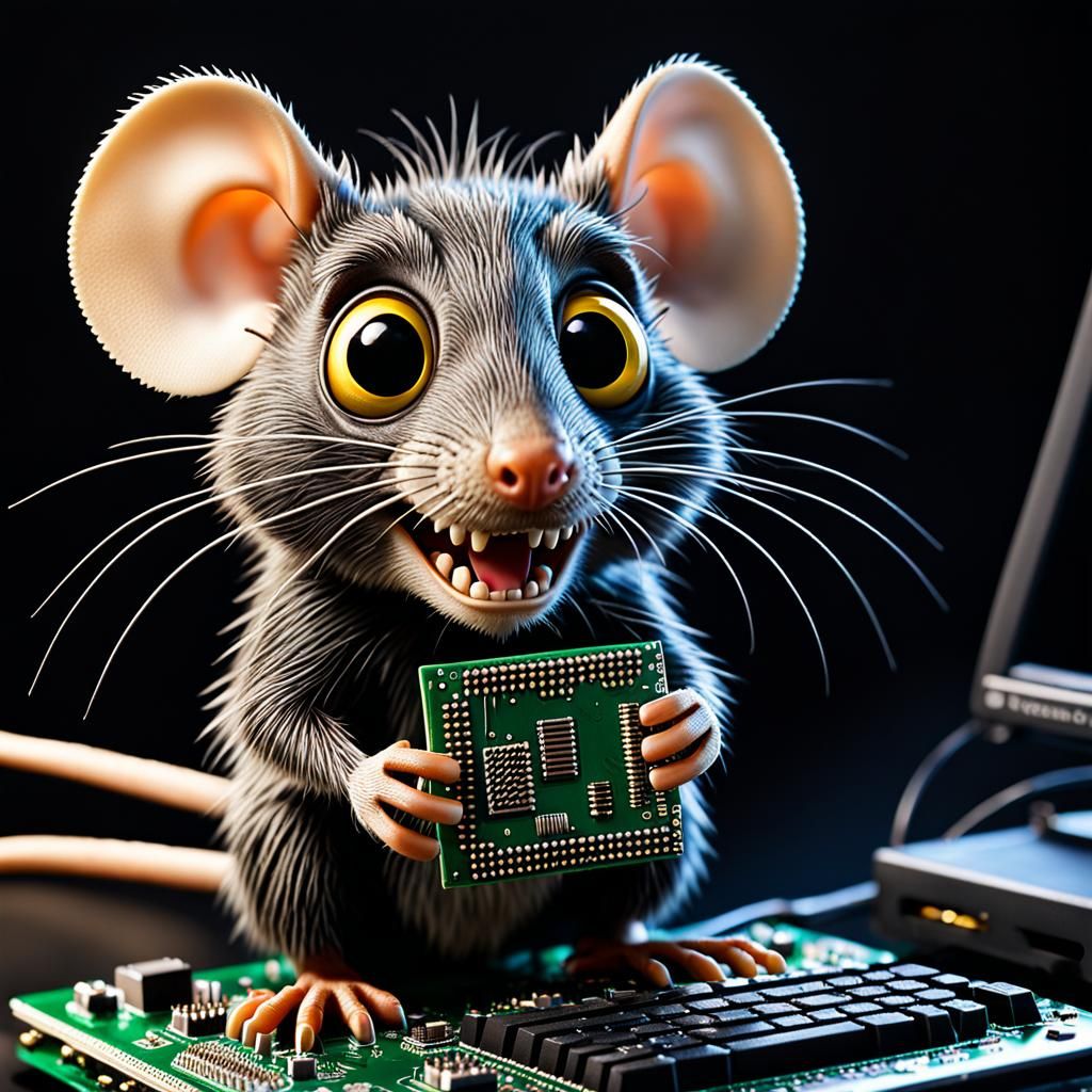 Ratfink rat is programming a 555 computer chip. (sharp teeth...