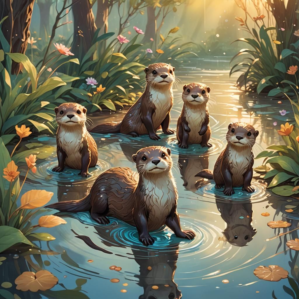 Adorable Otter Dances in Puddles, Miyazaki Style