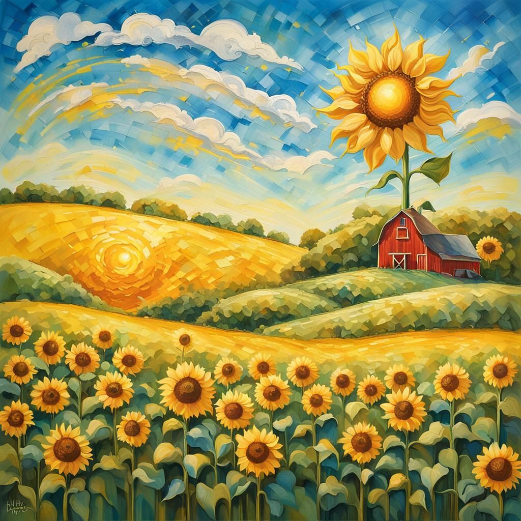 Joyful Sunflower in Wheat Field, Pixar-style 3D Render