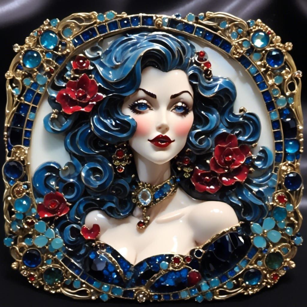 <lora:Mosaic Jewels:1.0> Beautiful delicious pinup lady vampire face