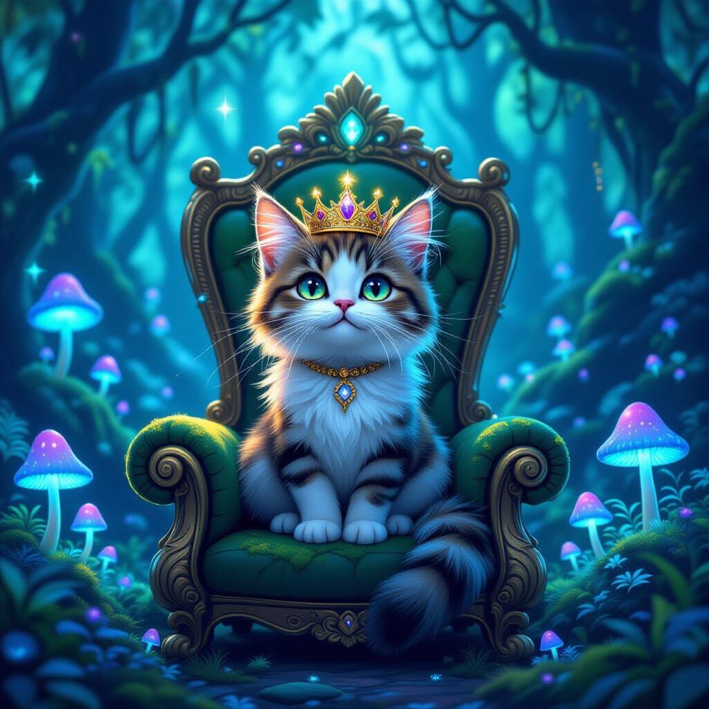 Vibrant colors. Digital painting. A whimsical, anthropomorphic cat wearing a tiny, ornate crown, sits on a moss-covered throne in an enchant...