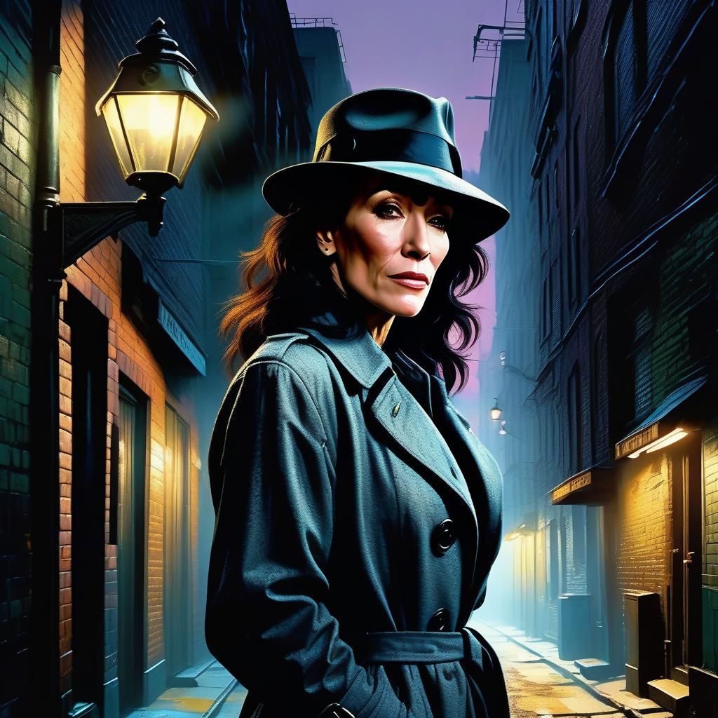 A realistic waist-up profile portrait of Katey Sagal dressed...