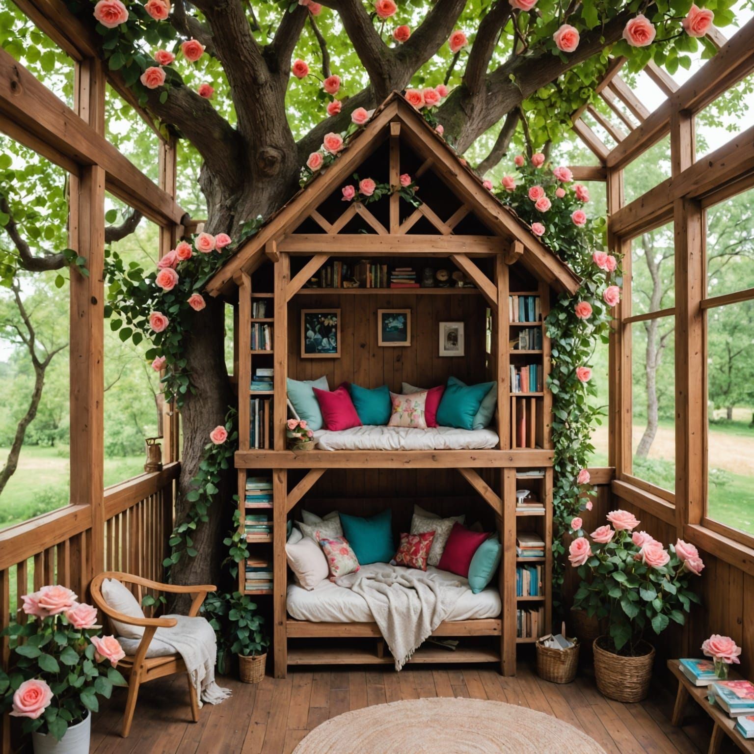 Create cozy reading nooks inside a wooden tree house with books and roses everywhere.   by @Eldorado
