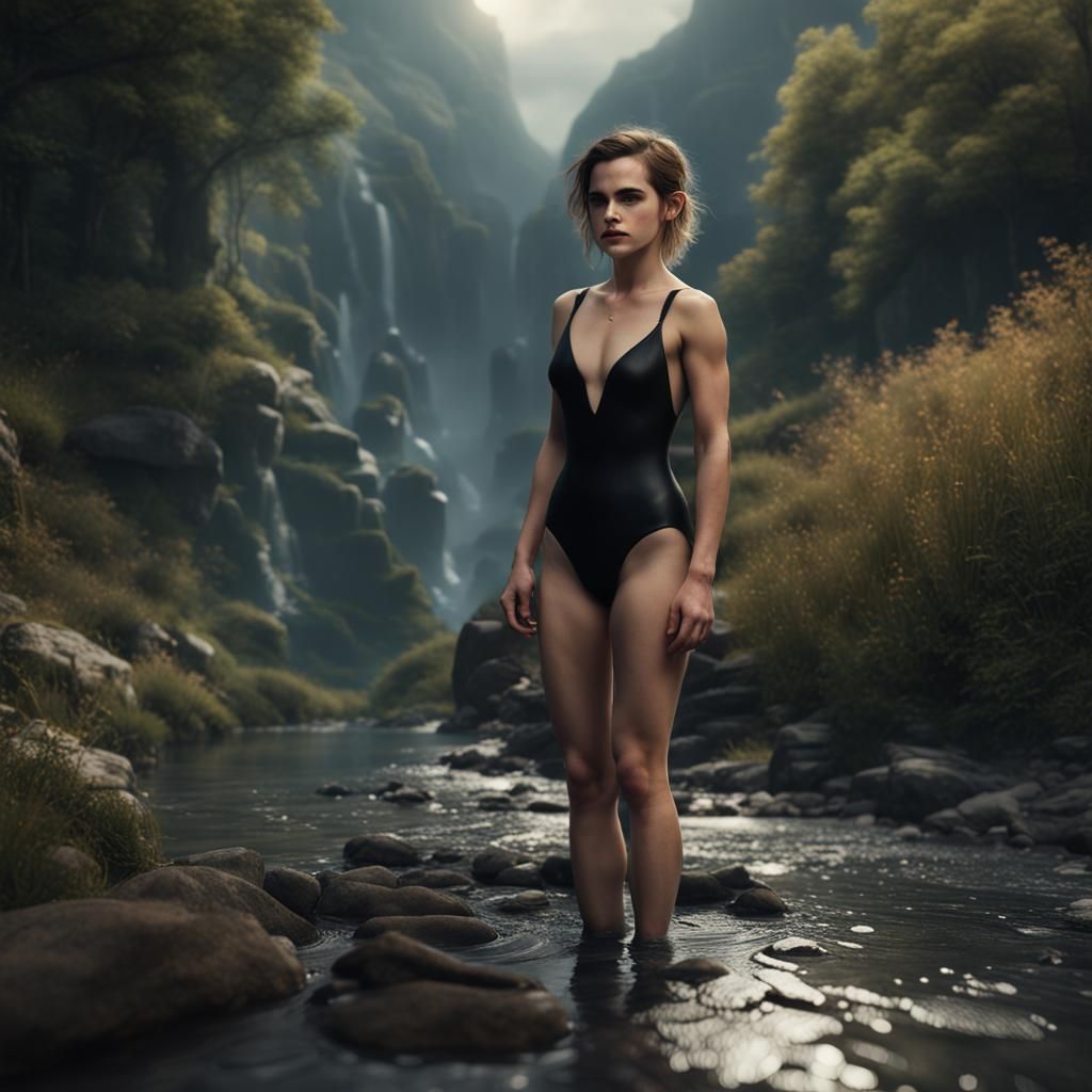 Emma Watson wearing a black swimsuit poses by the stream