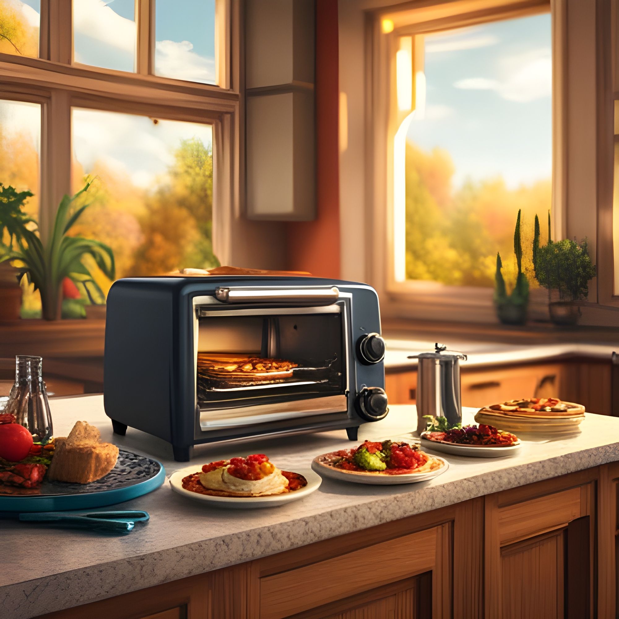 vintage toaster oven warming up toast in kitchen near window