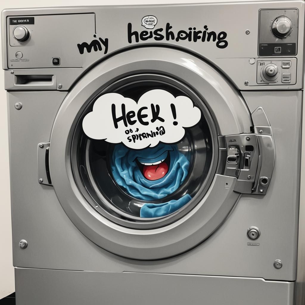 Washing machine with exaggerated expressions. A [speech bubb...
