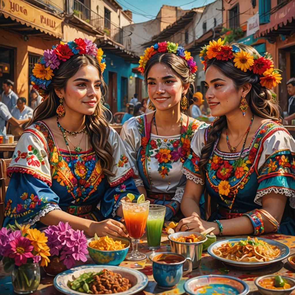 3 beautiful lady, colorful, costumes, sitting, table, street, flowers, favorite, mexican street food, ...  by @Peterthegreat 