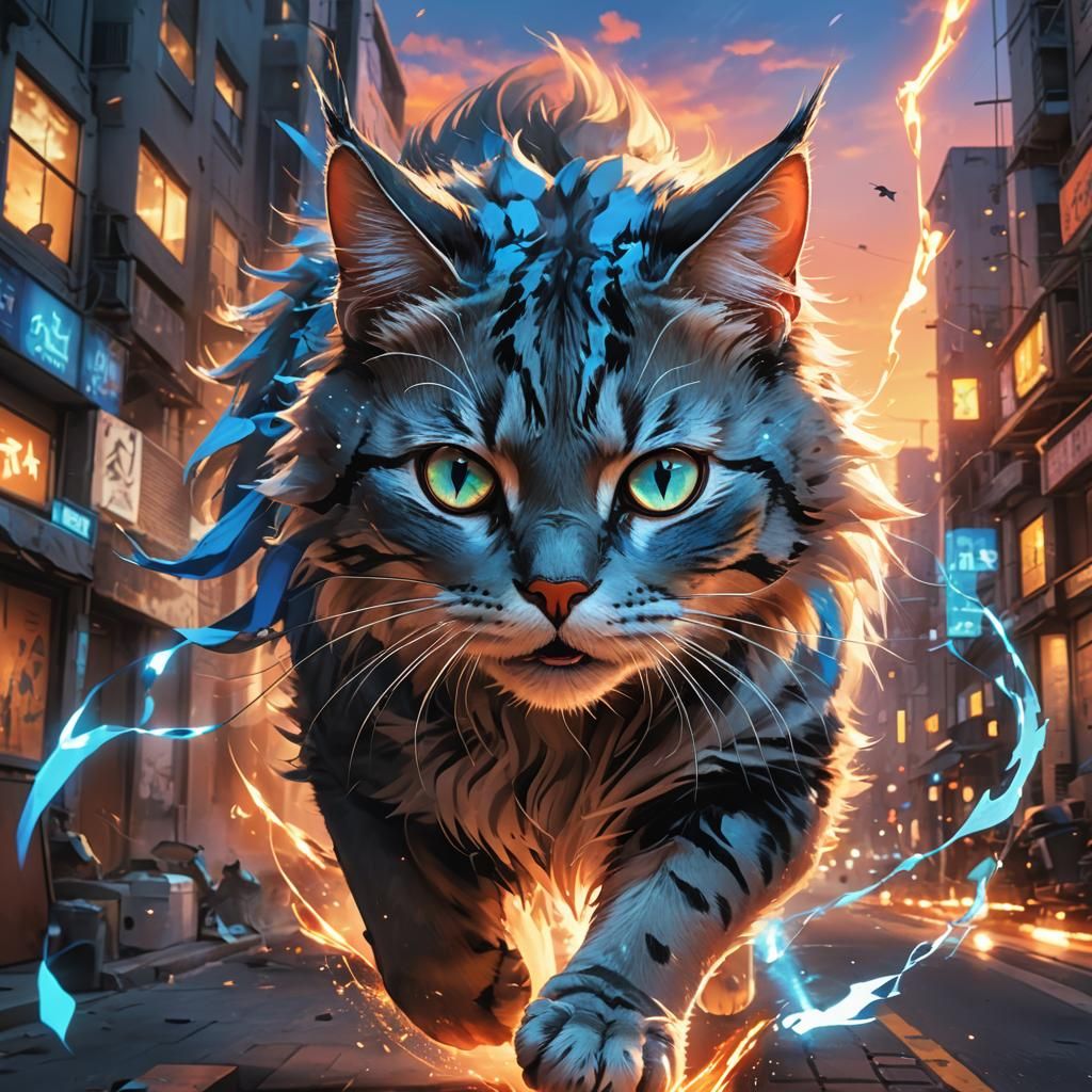 Anime Cat Chasing Mouse in Abstract Cityscape