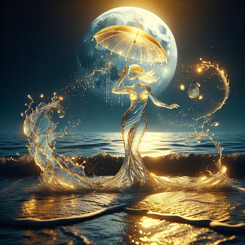A luminous water goddess rises gracefully from tranquil ocean waves lapping at the shore, her form sculpted entirely from clear liquid, as s...
