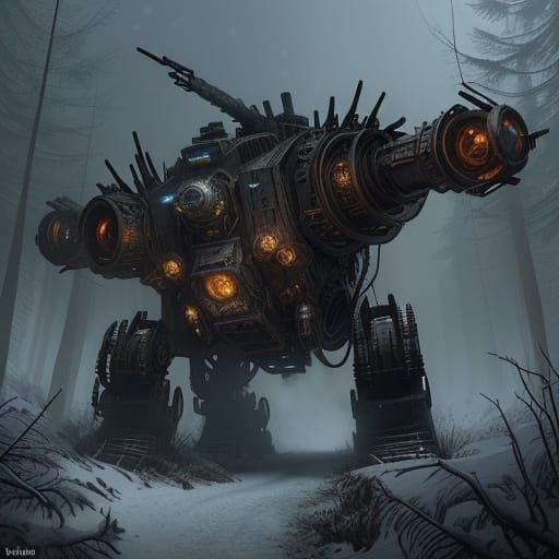 Steampunk war machine on tracks with gun turrets and flamethrowers and many other appendages rolling down a snowy trail in the forest, make ...